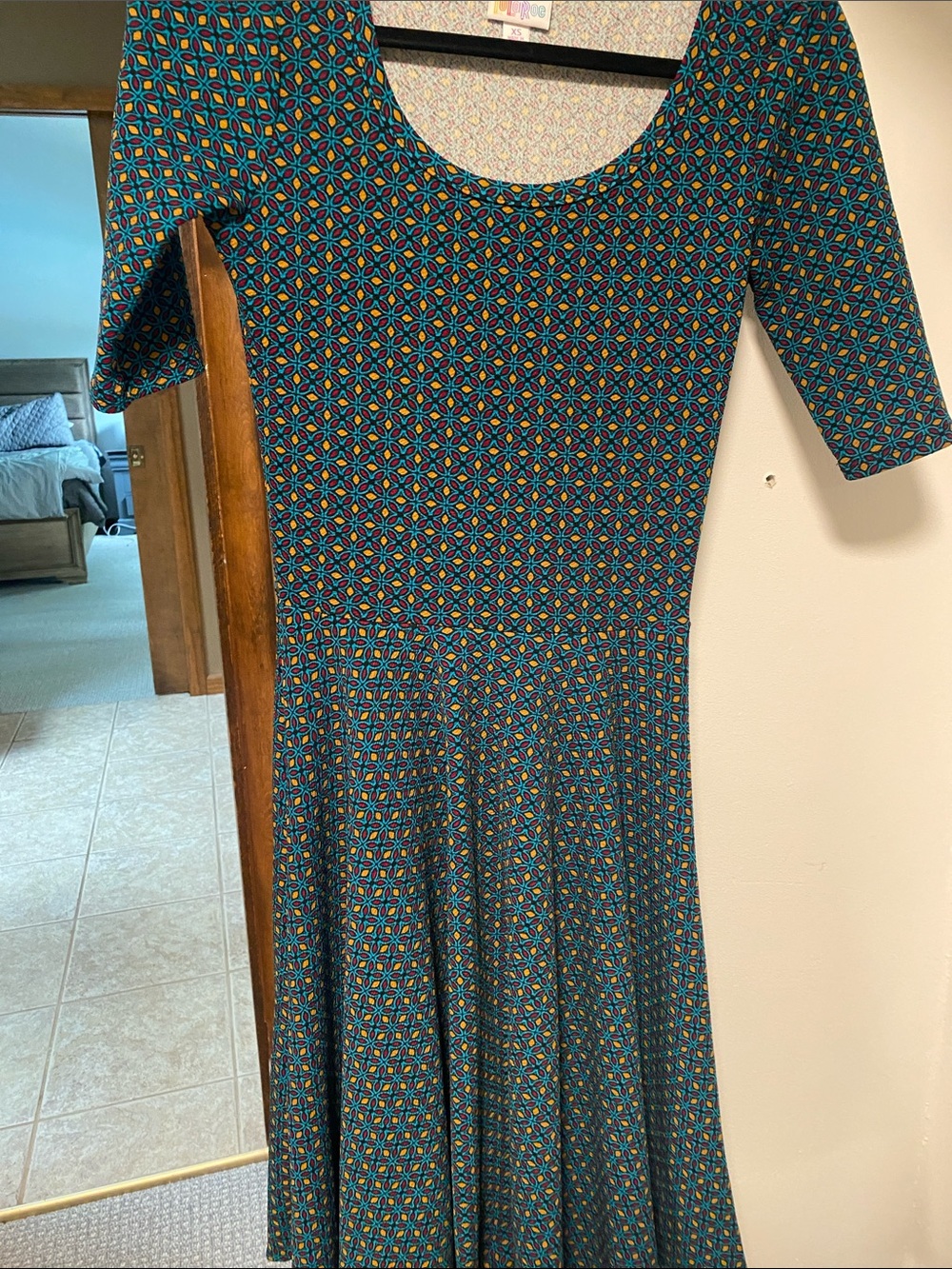 LuLaRoe Teal Multi-Geometric Scoop-Neck Long Sleeve Dress